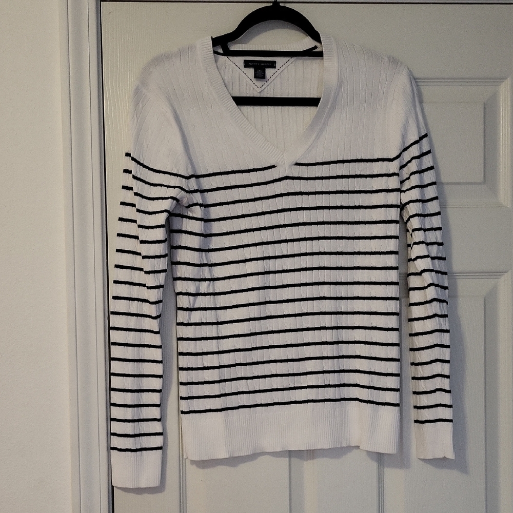 Tommy Hilfiger V-Neck White and Black Sweater